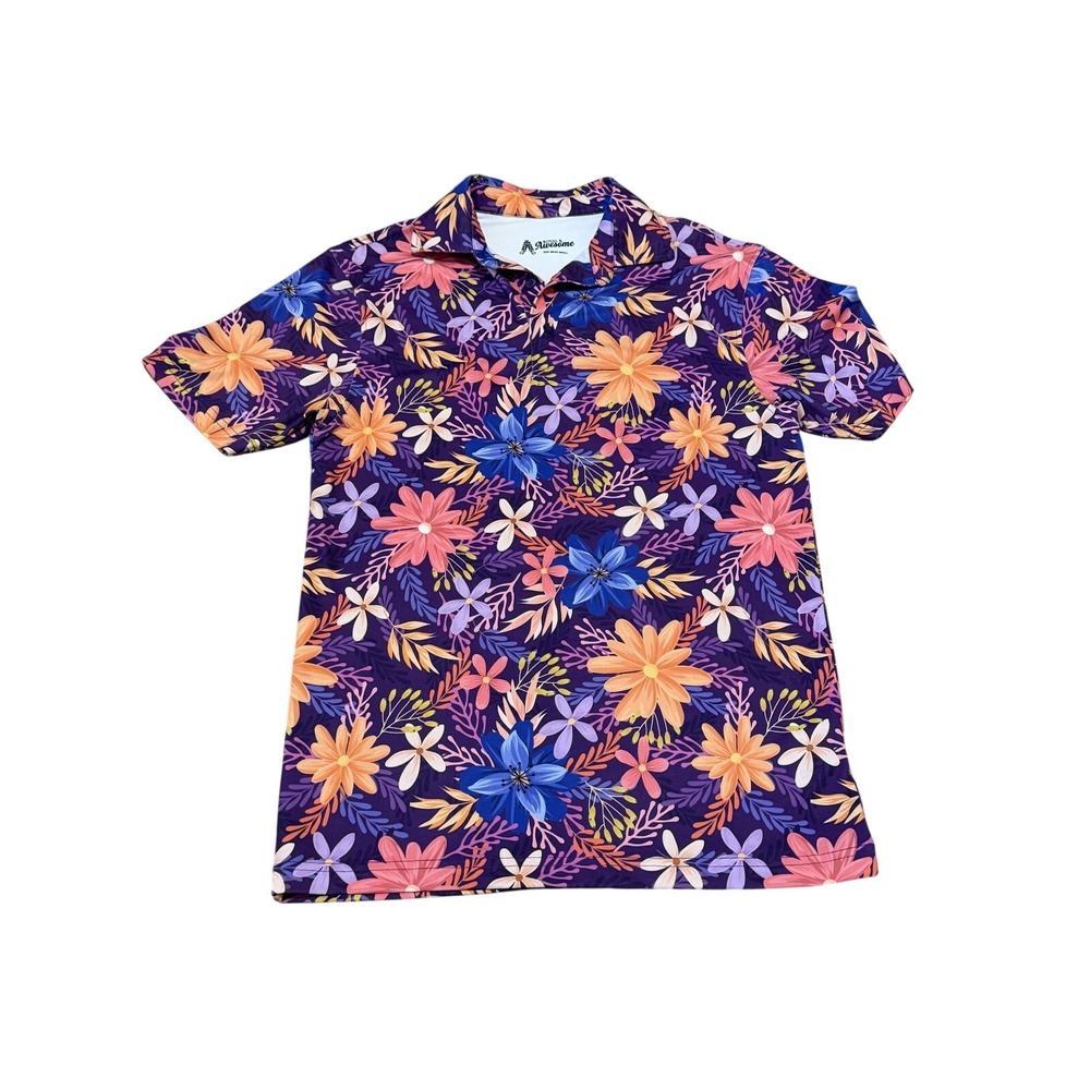 ROYAL & AWESOME Polo Shirt Mens Small Purple Floral Tropical Stretch Golf